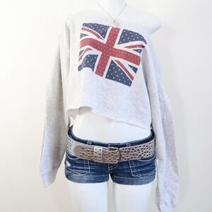 y2k union jack graphic cropped sweatshirt off shoulder grey size L